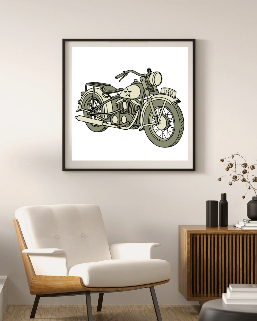 Harley WL 1942 mis en situation sur cadre, parfaite pour un intérieur rétro.
