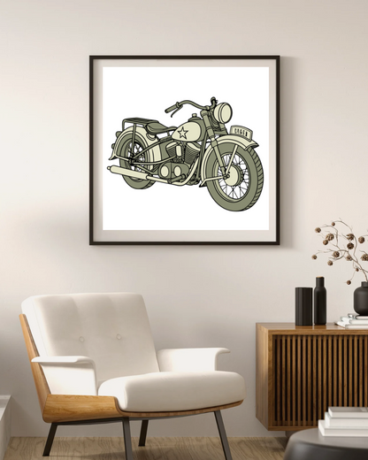 Harley WL 1942 mis en situation sur cadre, parfaite pour un intérieur rétro.
