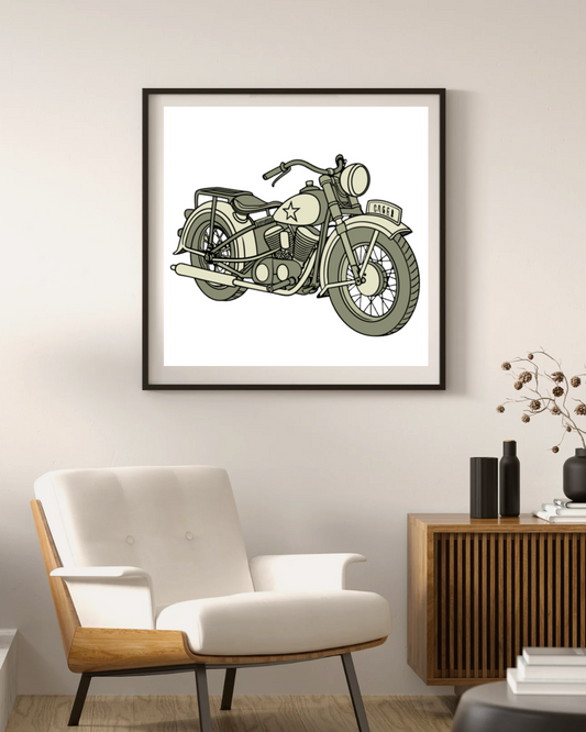 Harley WL 1942 mis en situation sur cadre, parfaite pour un intérieur rétro.