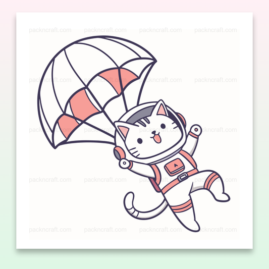 Illustration de chat parachutiste avec parachute coloré, idéal pour décorations DIY.