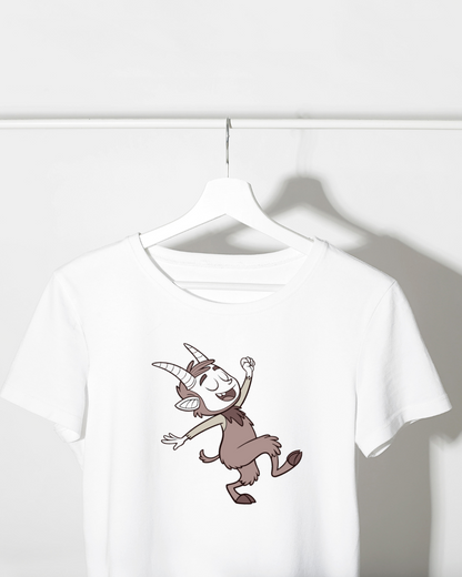 T-shirt festif affichant un satyre dansant en style cartoon vectoriel vibrant