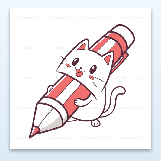 Illustration SVG d'un chat joyeux serrant un crayon géant pour papeterie et DIY