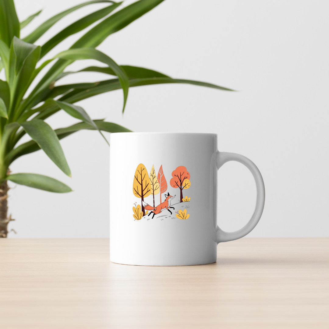 Mug avec motif de renard joueur en forêt style automnal vivant et captivant