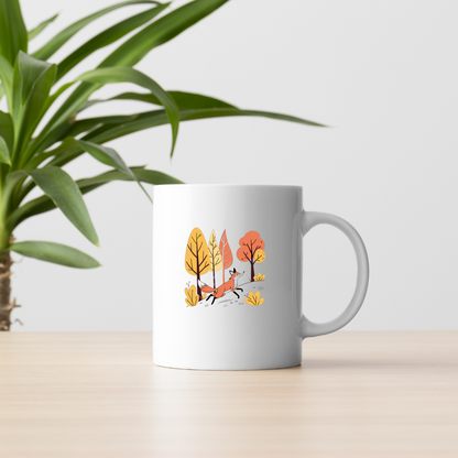 Mug avec motif de renard joueur en forêt style automnal vivant et captivant