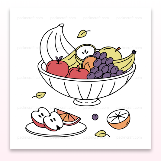 Illustration de corbeille de fruits colorée, utilisable pour déco cuisine, DIY, papeterie.