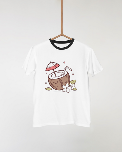 T-shirt avec noix de coco kawaii, ambiance tropicale, idéal pour un style décontracté