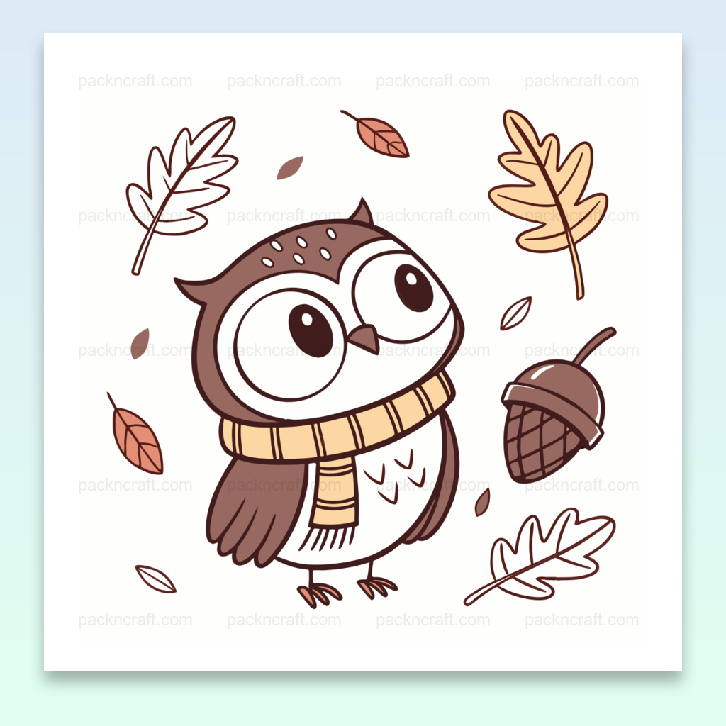 Illustration d'une chouette curieuse en automne avec des feuilles et un gland, style minimaliste