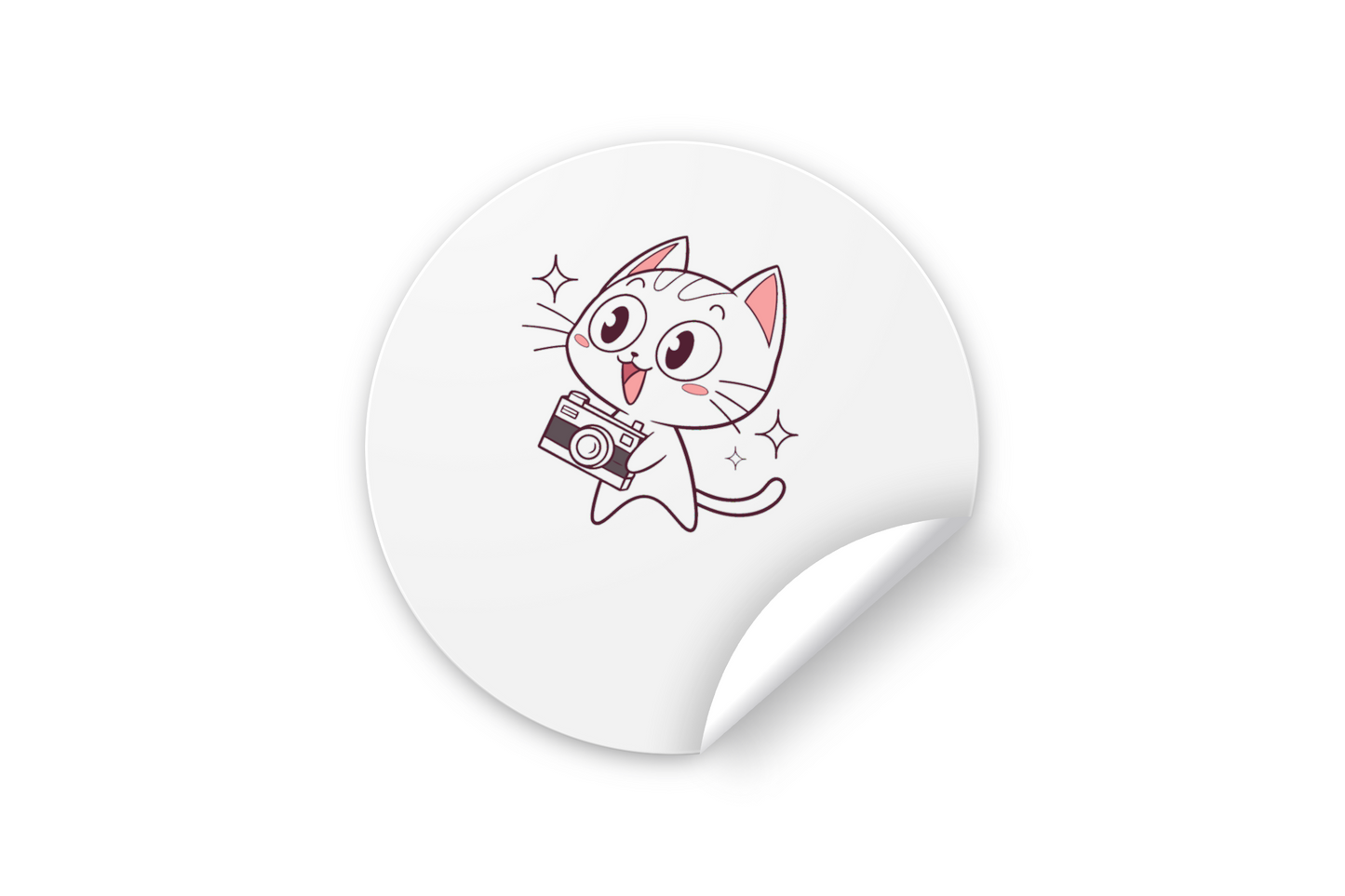 Sticker décoratif kawaii montrant un chat joyeux en photographe sur fond blanc