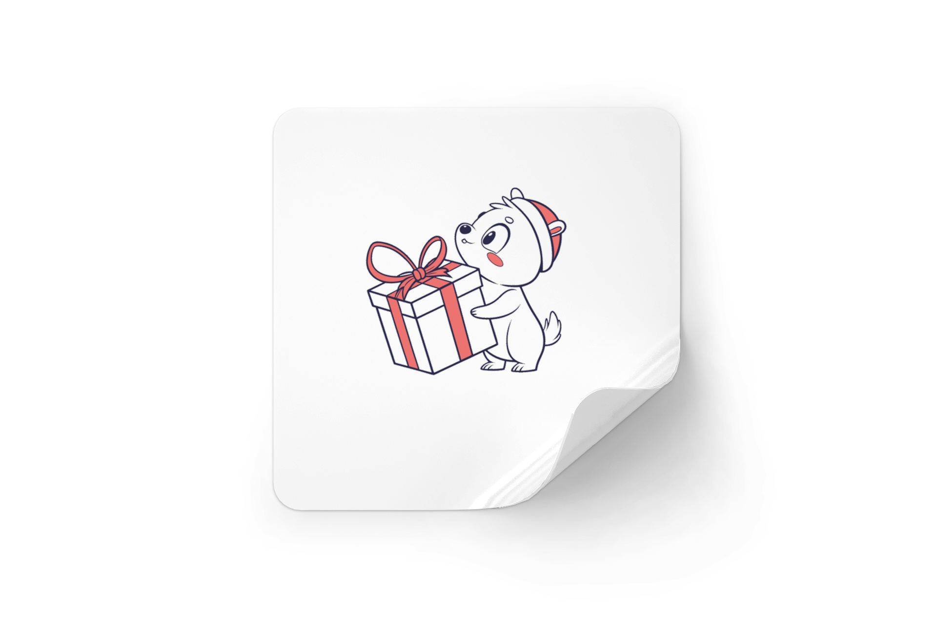 Sticker joyeux avec ourson festif tenant un cadeau, parfait pour Noël