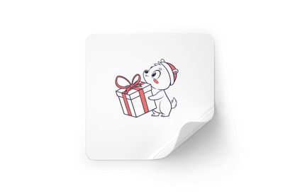 Sticker joyeux avec ourson festif tenant un cadeau, parfait pour Noël