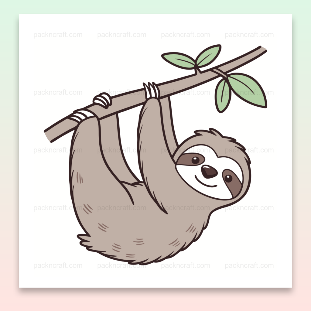 Illustration numérique d'un paresseux souriant suspendu, idéale pour la déco et les projets créatifs.