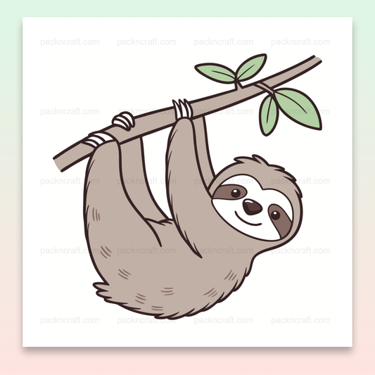 Illustration numérique d'un paresseux souriant suspendu, idéale pour la déco et les projets créatifs.
