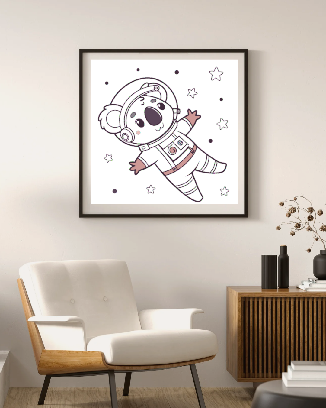 Cadre décoratif avec un koala astronaute heureux pastel en aventure spatiale