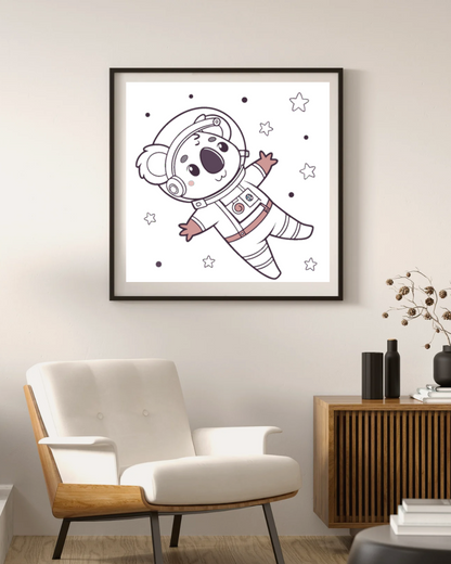 Cadre décoratif avec un koala astronaute heureux pastel en aventure spatiale