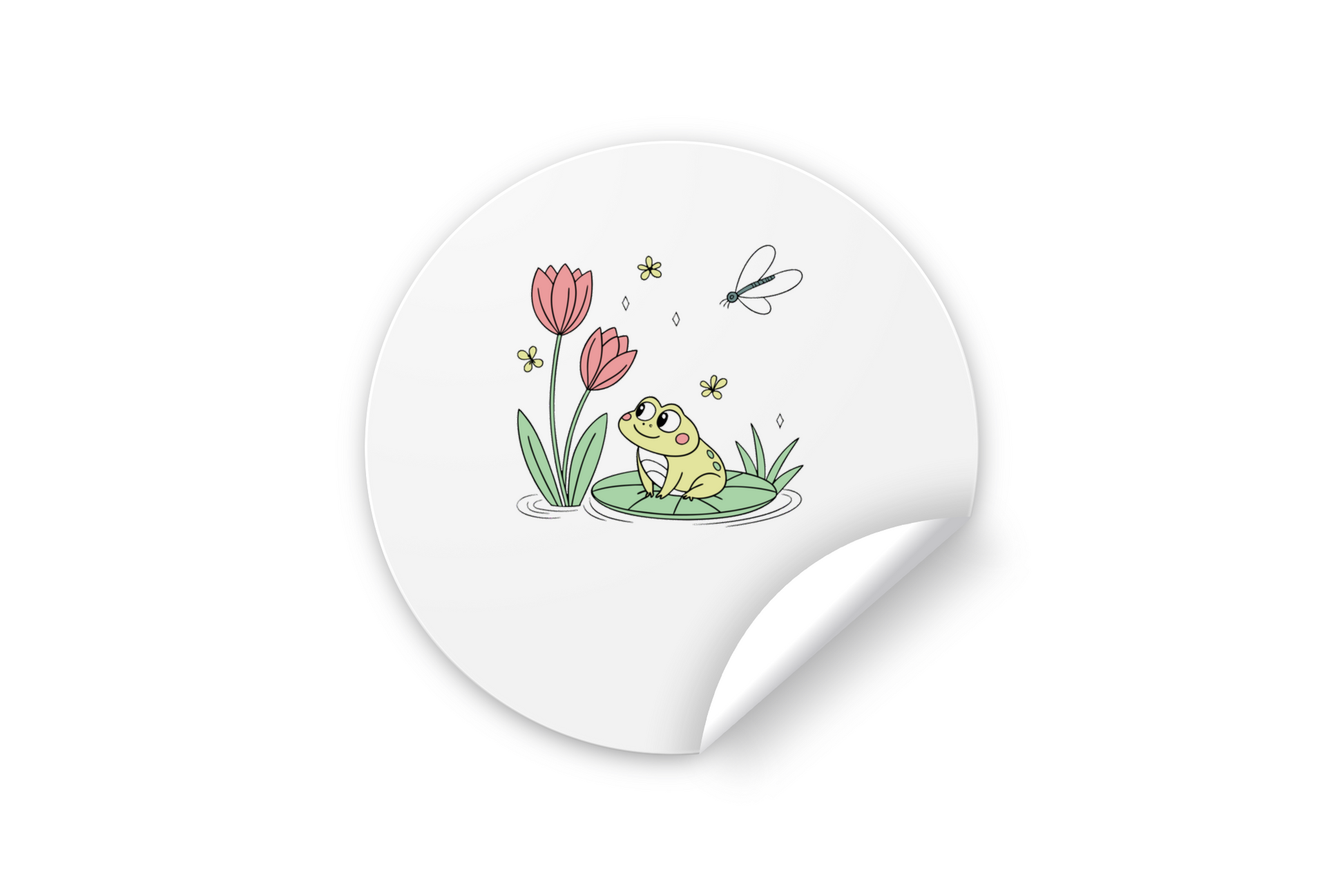 Sticker illustrant une grenouille joyeuse sur un nénuphar aux couleurs pastel