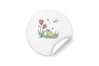 Sticker illustrant une grenouille joyeuse sur un nénuphar aux couleurs pastel