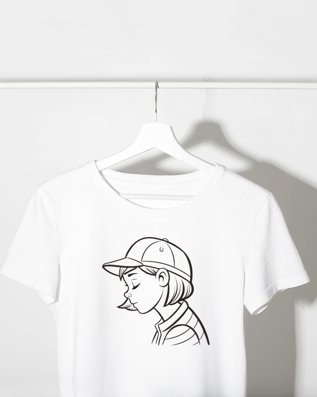 T-shirt illustré d'une fille en casquette, ambiance détente avec sourire serein