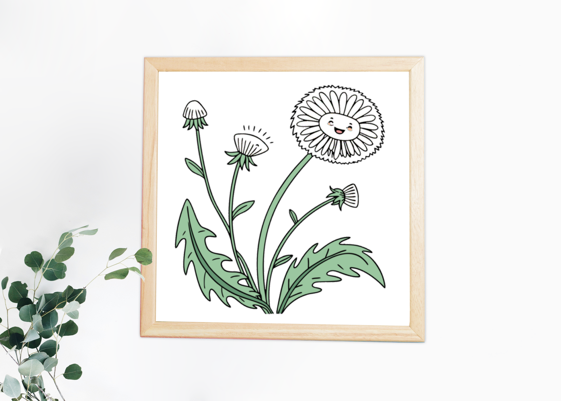 Cadre avec pissenlit doodle style fleuri pour une déco fraîche et printanière