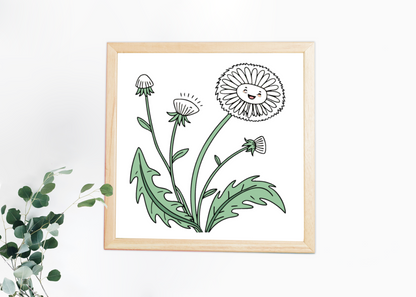 Cadre avec pissenlit doodle style fleuri pour une déco fraîche et printanière