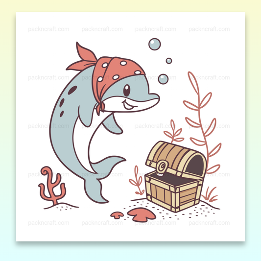 Illustration kawaii d'un dauphin pirate avec un trésor sous-marin.