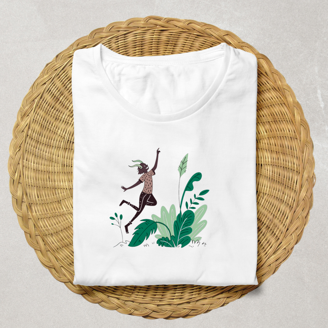 T-shirt avec créature joyeuse bondissant, style doodle, jungle enjouée éclatante