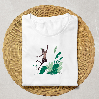 T-shirt avec créature joyeuse bondissant, style doodle, jungle enjouée éclatante