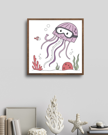 Cadre avec méduses cartoon exploratrices sur fond bleu style marin attrayant