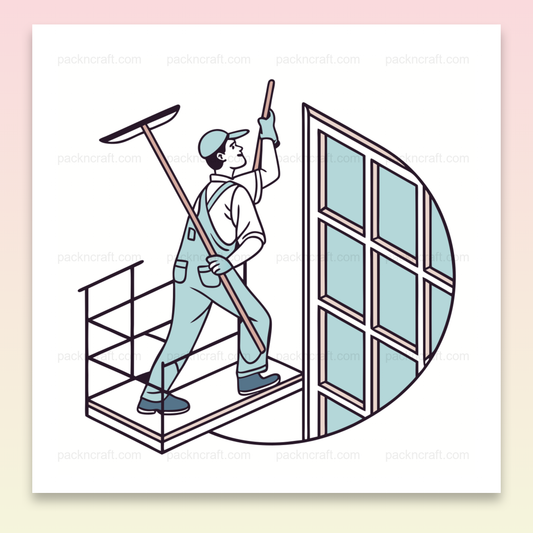 Illustration numérique d'un nettoyeur de vitres sur une plateforme, fichier SVG, Mug avec un design de nettoyeur de vitres en action, illustration SVG, T-shirt affichant un nettoyeur de vitres urbain, fichier SVG, Cadre décoratif avec l'image d'un nettoyeur de vitres professionnel, illustration SVG, Sticker représentant un nettoyeur de vitres en pleine activité, fichier SVG