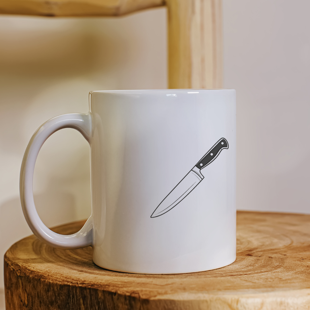 Mug avec décoration minimaliste d'un couteau de chef pour cuisine créative