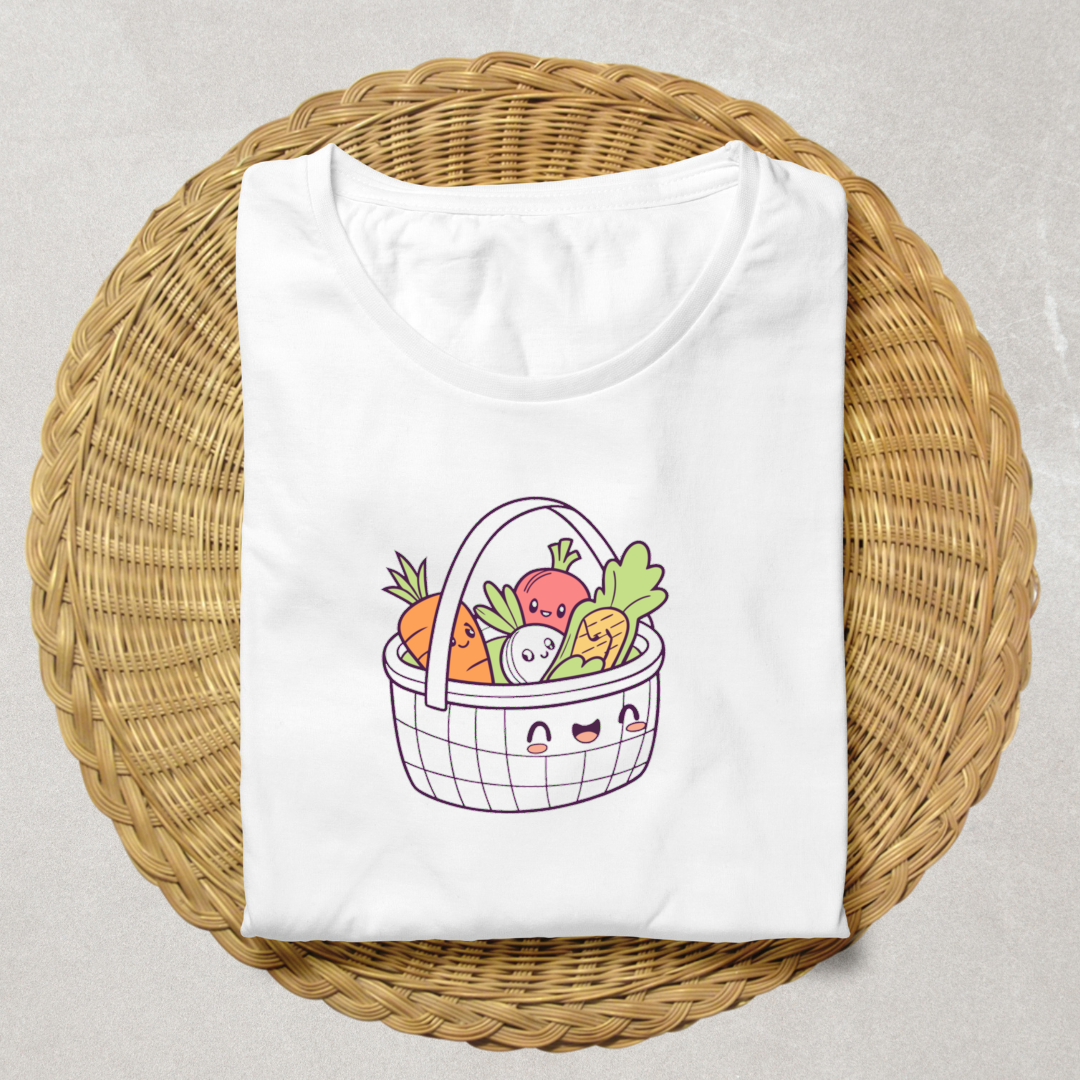 T-shirt vibrant avec panier de légumes joyeux élevant l'esprit de la cuisine