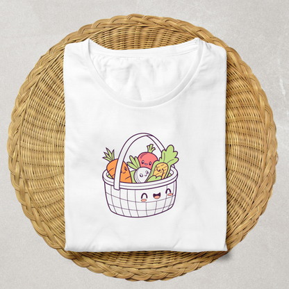 T-shirt vibrant avec panier de légumes joyeux élevant l'esprit de la cuisine
