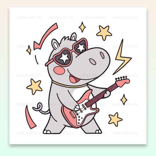 Hippo Rock Star jouant de la guitare en style cartoon pour décoration musicale.