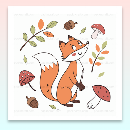 Illustration de renard joyeux en forêt automnale, idéal pour DIY et déco.