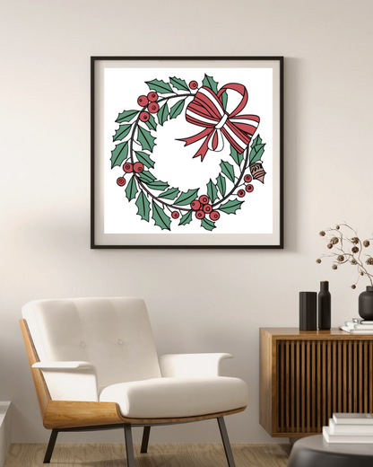 Cadre avec couronne de houx festive au style élégant pour une déco de Noël chaleureuse