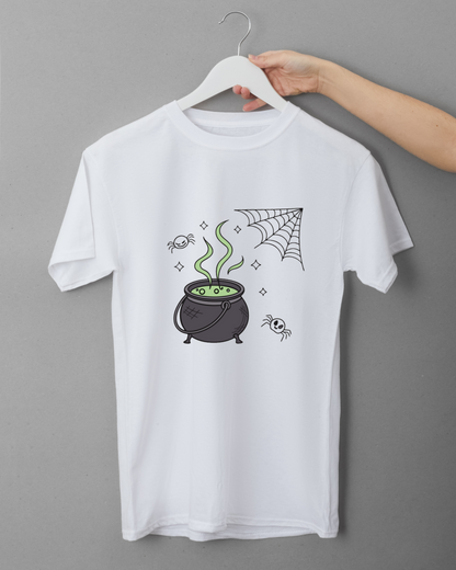 T-shirt festif noir avec icône mystique de chaudron bouillonnant pour Halloween