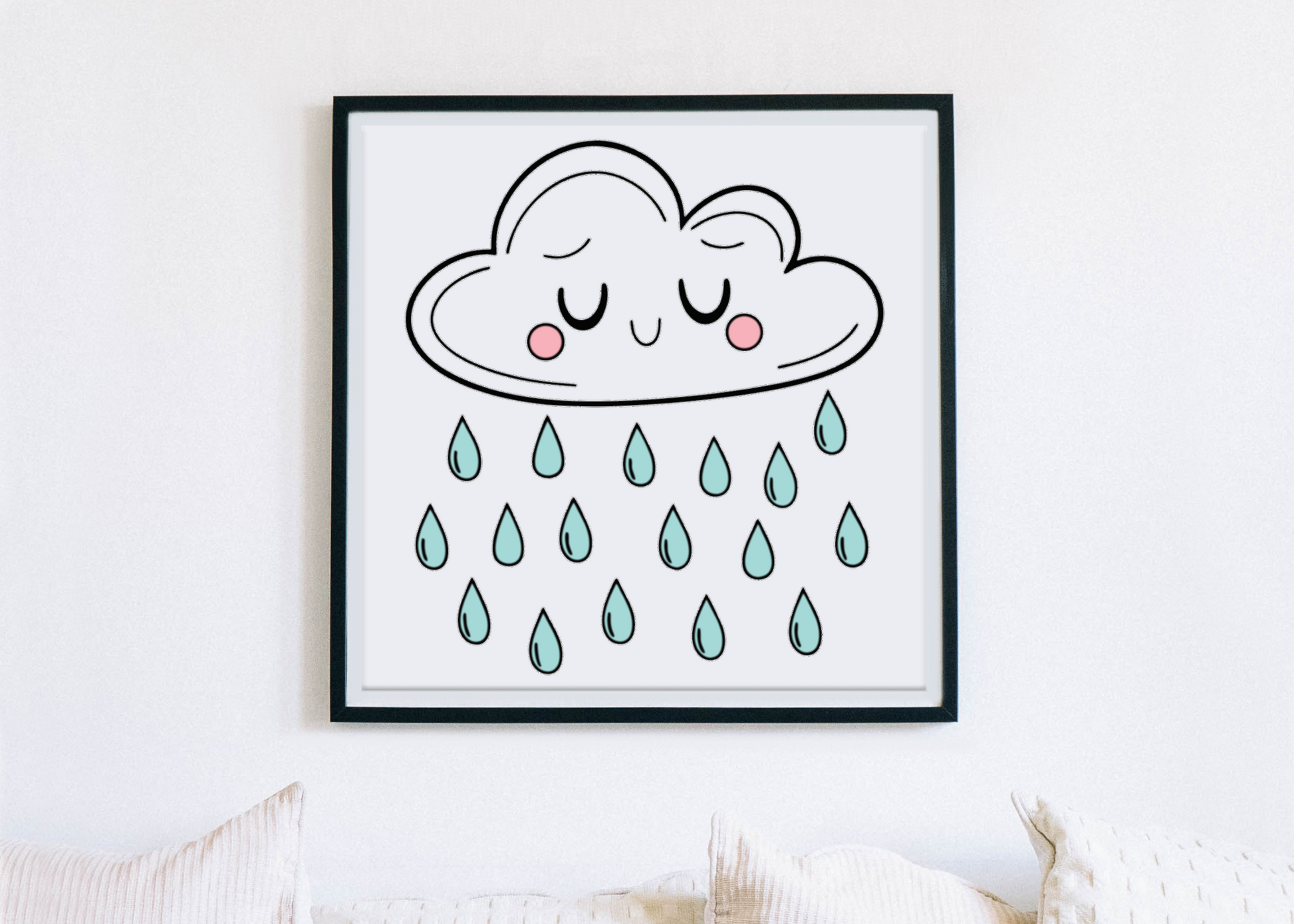 Cadre présentant un nuage endormi cartoon avec petites gouttelettes, thème météo apaisant