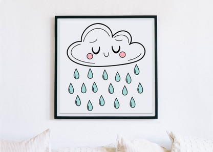 Cadre présentant un nuage endormi cartoon avec petites gouttelettes, thème météo apaisant