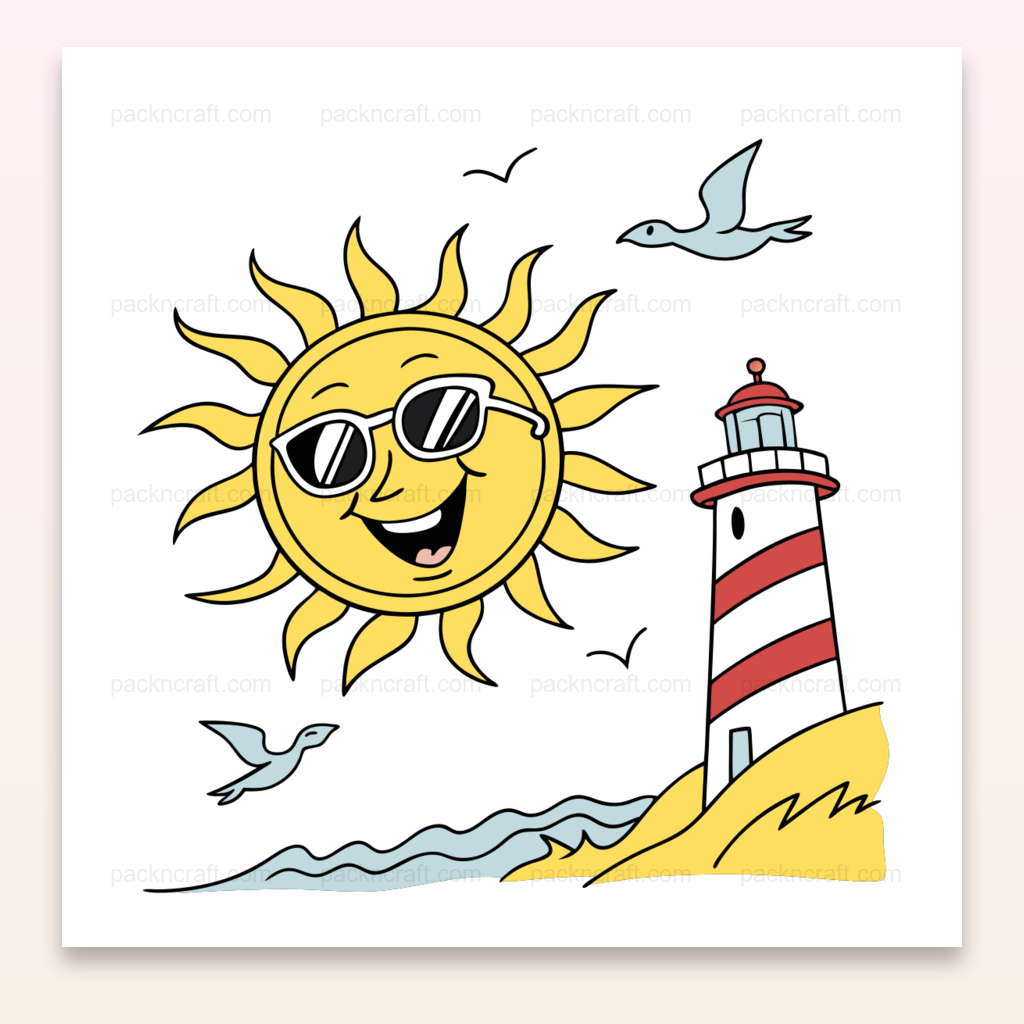 Illustration d'un soleil souriant avec un phare pour décoration estivale