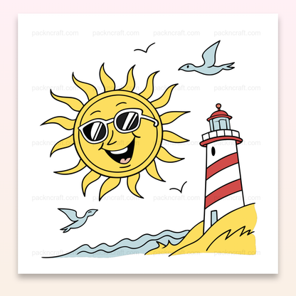 Illustration d'un soleil souriant avec un phare pour décoration estivale