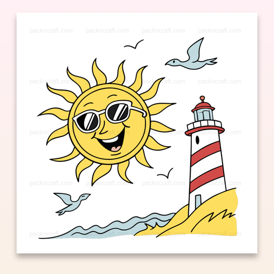 Illustration d'un soleil souriant avec un phare pour décoration estivale