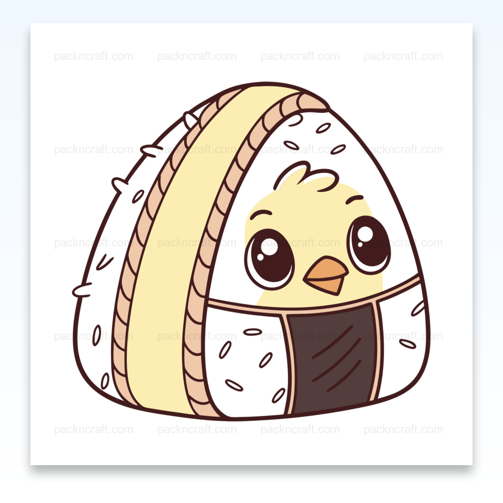 Illustration kawaii d'un oiseau dans un onigiri, idéal pour DIY et papeterie