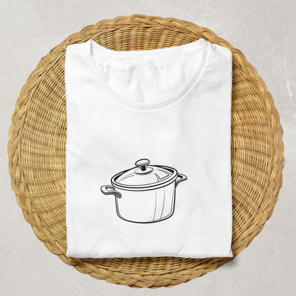 T-shirt avec cocotte fumante décorative en style flat pour passionnés de cuisine maison
