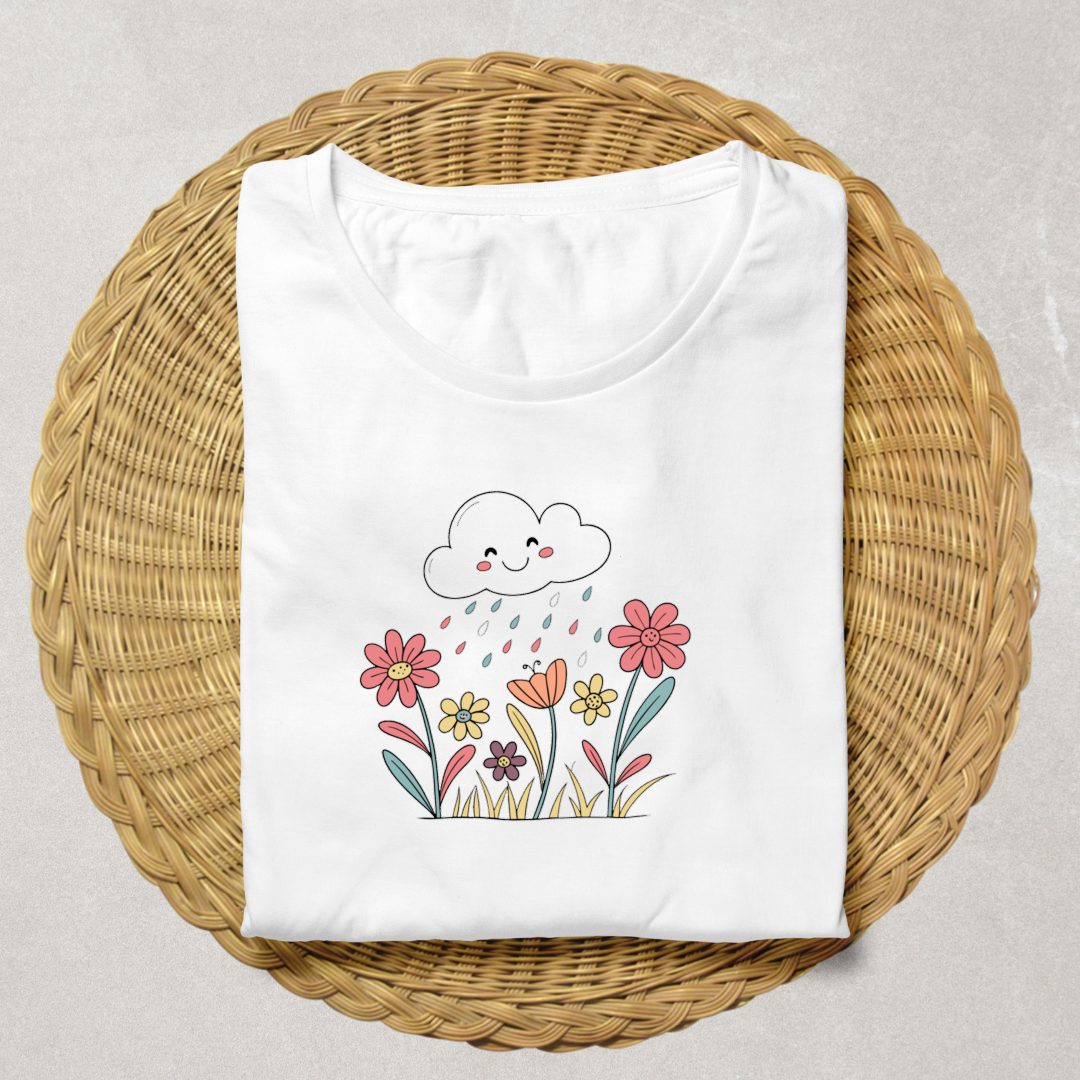 T-shirt décoratif avec nuage heureux arrosant des fleurs dans un style printanier