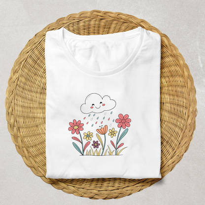 T-shirt décoratif avec nuage heureux arrosant des fleurs dans un style printanier