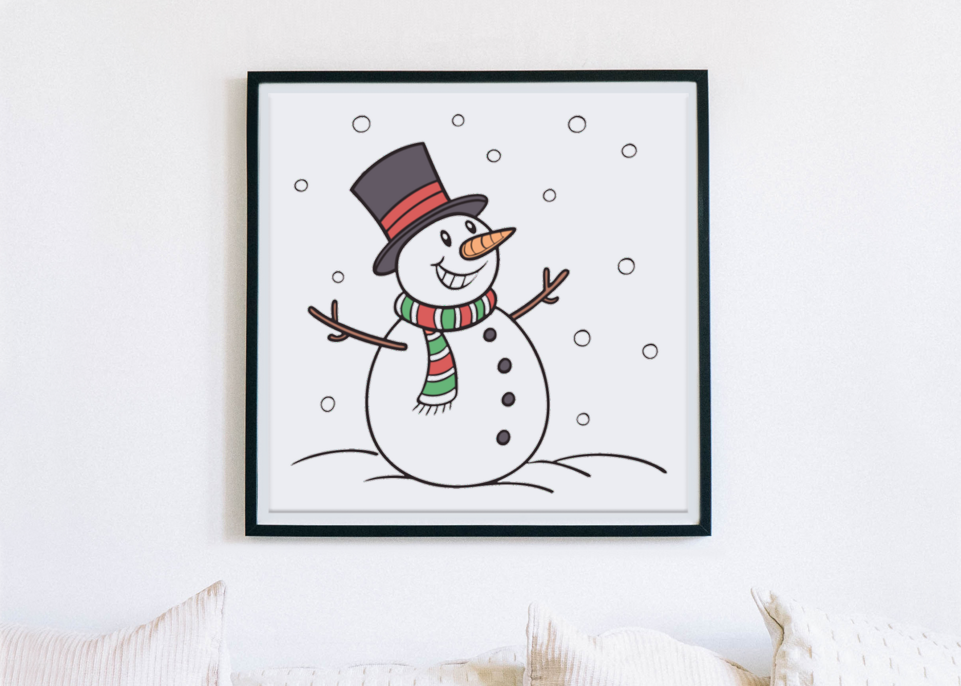 Cadre festif montrant un bonhomme de neige joyeux dans un style hivernal enchanteur