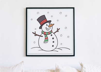 Cadre festif montrant un bonhomme de neige joyeux dans un style hivernal enchanteur