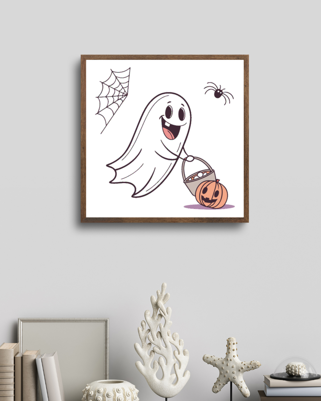 Cadre joyeux avec fantôme récoltant des friandises ambiance Halloween