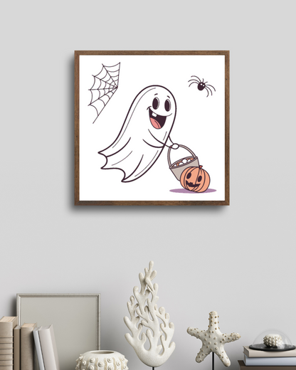 Cadre joyeux avec fantôme récoltant des friandises ambiance Halloween