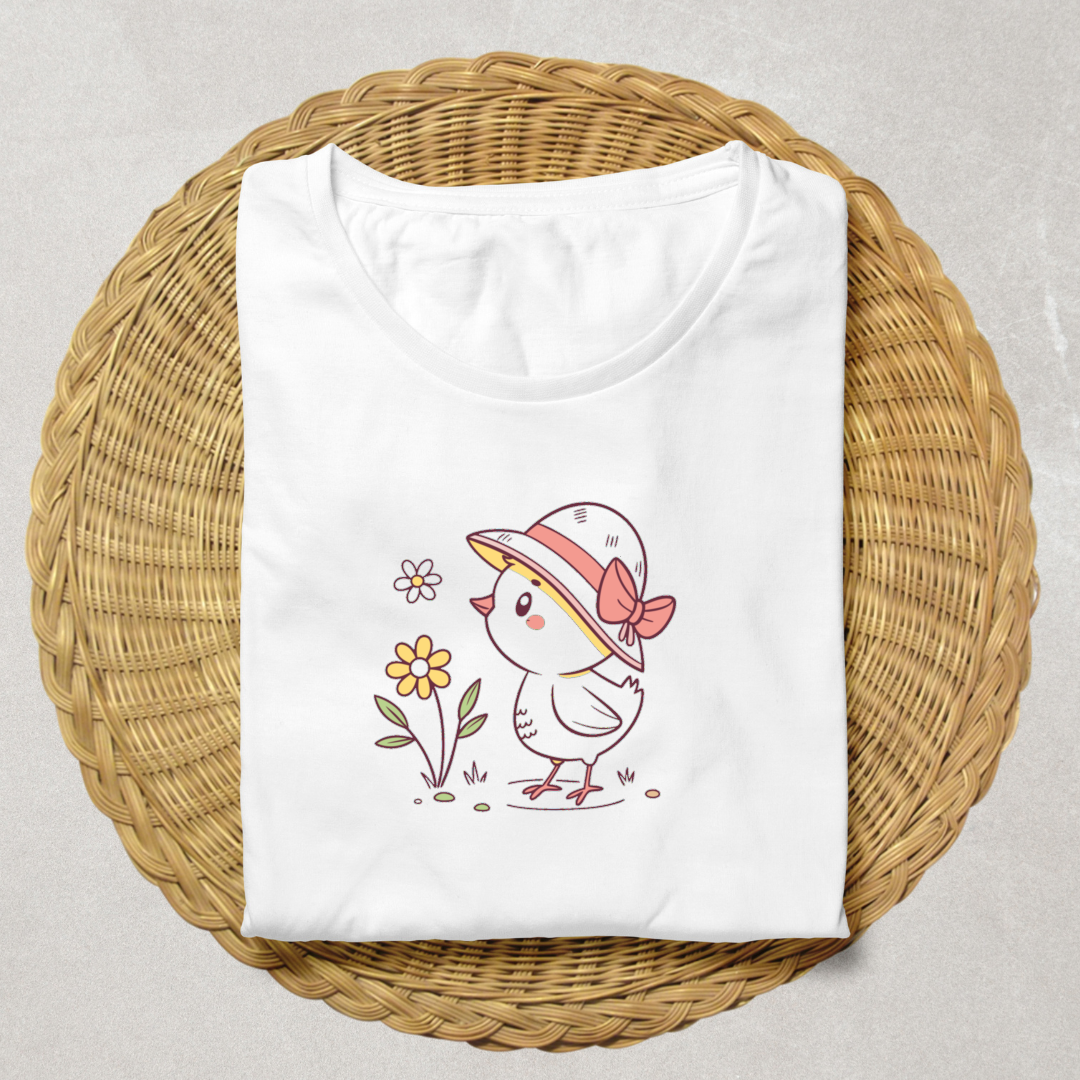 T-shirt avec poussin espiègle en doodle coiffé d'un chapeau de printemps