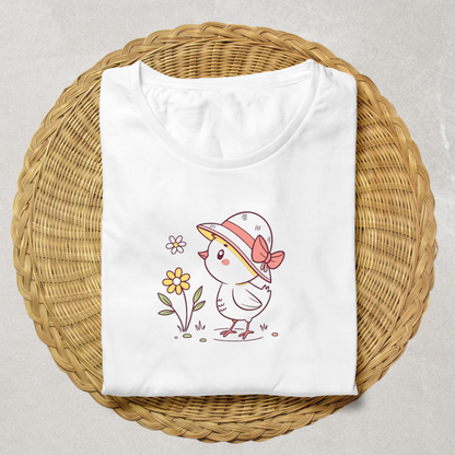 T-shirt avec poussin espiègle en doodle coiffé d'un chapeau de printemps